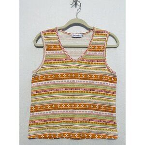 Fresh Produce Womens Print Striped Sleeveless V Neck Top Orange Yellow Medium